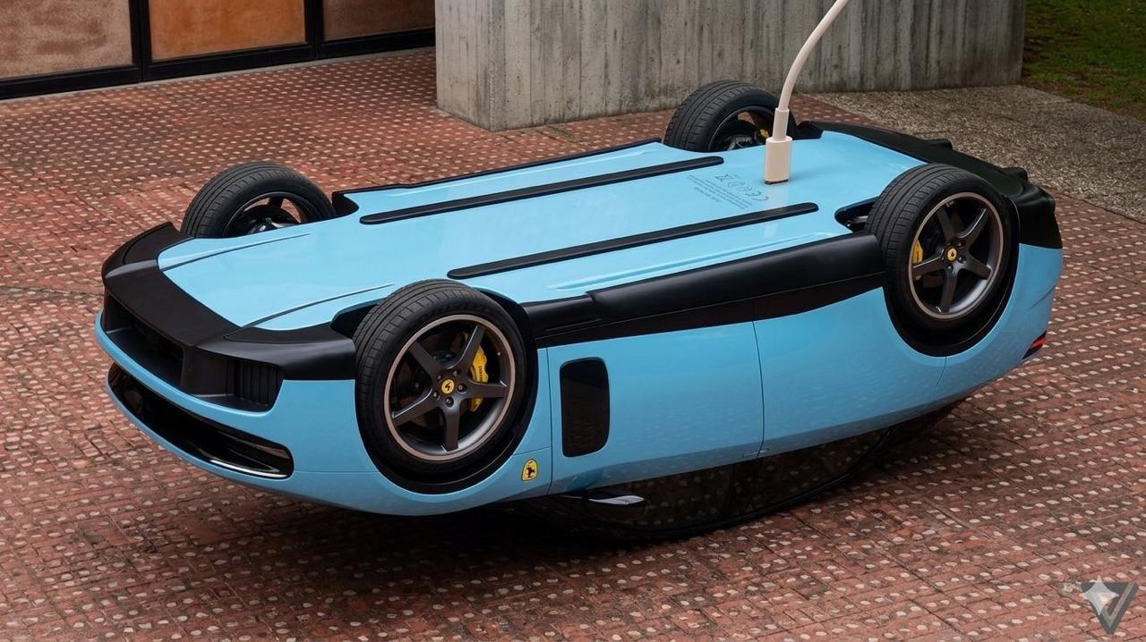 Upside down blue Ferrari charging